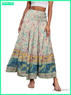 Women's Floral Maxi Skirt A-Line Pleated High Waist Boho Summer Beach Long Skirt